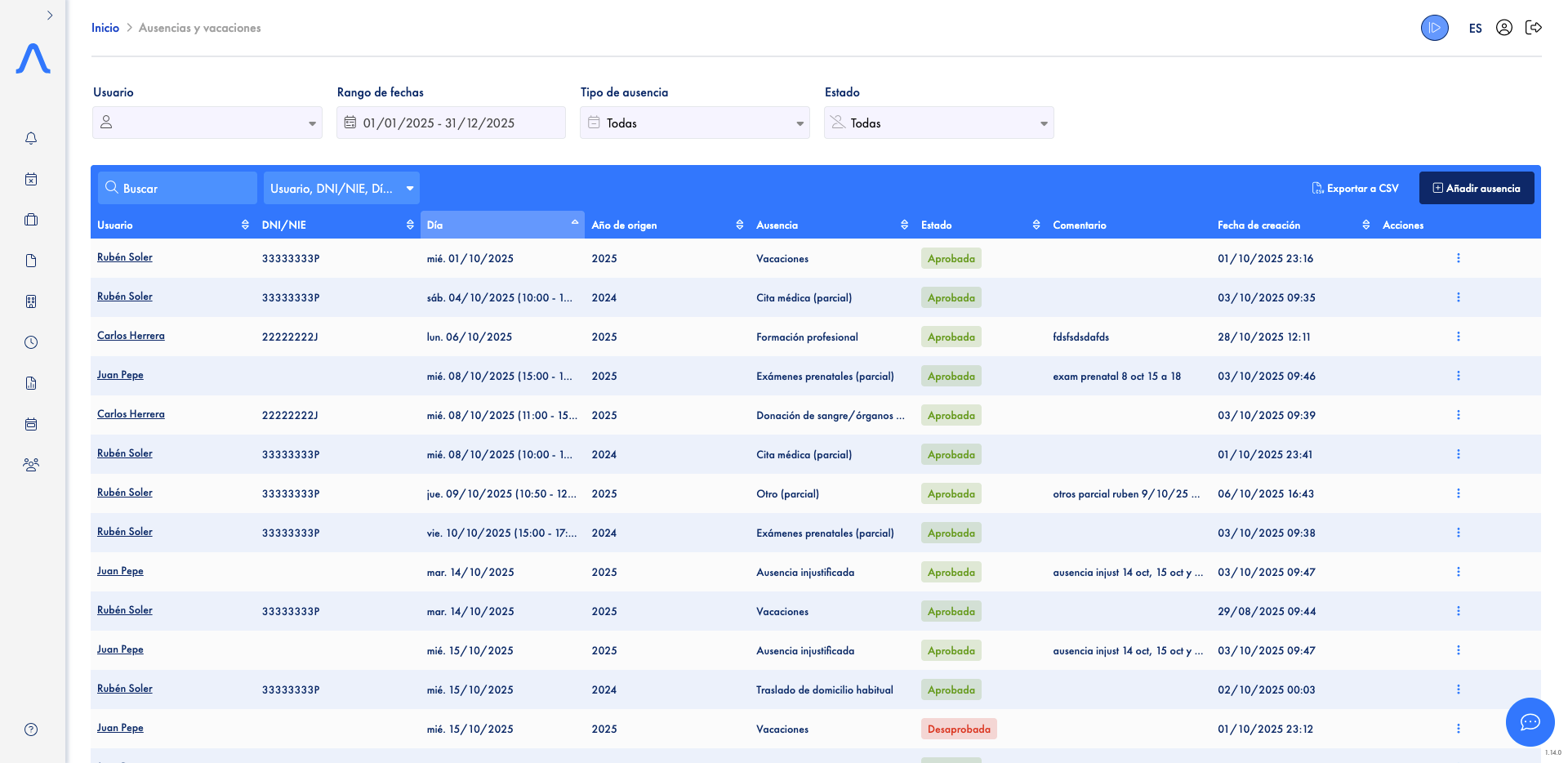 Calendario y gestión de ausencias